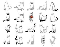 Cute Design Ideas Drawing, Cat Halloween Drawing, Cat Halloween Decorations, Whimsical Halloween Art, Halloween Animal Drawings, Halloween Cat Drawing Easy, Sheet Ghost Dog Tattoo, Cat Halloween Tattoo, Black Cat Sketch