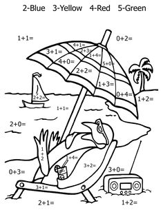 a coloring page with an image of a bird holding an umbrella in the ocean, and numbers