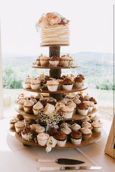 a three tiered cake with cupcakes on it