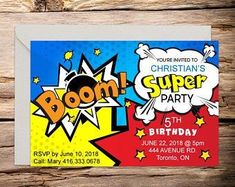 an image of a birthday party card with the word boom written on it and stars