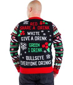 Man, this party sucks. What's a guy got to do to find a fun Christmas party round here? We've got something that's fun for all the family. Well, anybody over the age of 21. This Men's Drinking Game Big and Tall ugly Christmas sweater will turn even the dullest of parties up to 11. With this sweater, you become the target ; ask your drinking buddies to throw the balls at the target and watch chaos ensue. If they miss, they drink. If you drink - well that could be one moving target. Y'all better g Holiday Drinks Alcohol Christmas, Christmas Drinks Alcohol Recipes, Christmas Outfit Men, Christmas Sweater Outfits, Xmas Sweaters, Santa Party, Christmas Punch Recipes, Mens Ugly Christmas Sweater, Christmas Punch