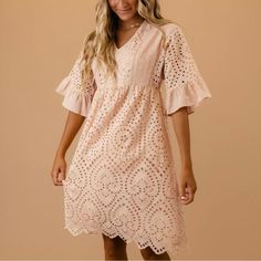 Roolee Falling For You Eyelet Dress In Blush Nwt Size Medium Pink Mid-length Mini Dress For Summer, Casual Peach Midi Dress With Short Sleeves, Spring Feminine Apricot Midi Dress, Feminine Apricot V-neck Dresses, Apricot Mini Dress For Spring Brunch, Spring Apricot Mini Dress For Brunch, Casual Apricot Midi Dress With Short Sleeves, Casual Apricot Short Sleeve Midi Dress, Spring Brunch Apricot Mini Dress