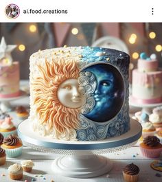 there is a cake decorated with an image of the moon and man's face