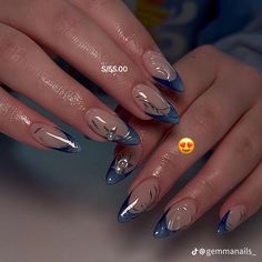 Silver French Nails, Blue Nails Inspiration, Blue And Silver Nails, 2024 Nails, Formal Nails, Grunge Nails, Silver Nails, Funky Nails