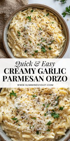 creamy garlic parmesan orzo in a bowl with the title text overlay