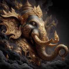 an ornate gold and black elephant head in the clouds