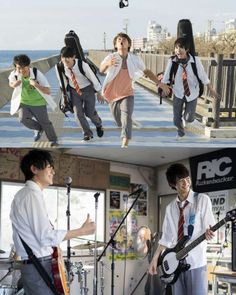 two boys are playing guitar and singing while another boy is dancing on the other side