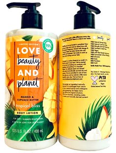 2 Bottles Love Beauty And Planet Tropical Bliss Mango & Cupuacu Butter Body Lotion 13.5 Oz. Love Beauty And Planet Products, Mango Lotion, Beauty And Planet, Cupuacu Butter, Skin Care Moisturizer, Body Lotion, Beauty Skin, Planets, Lotion