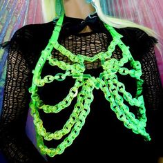 Neon Green Cyberpunk Outfit, Neon Punk Clothes, Neon Hyperpop Aesthetic, Neon Green Graphic Liner, Kandi Body Harness, Cybergoth Accessories, Goth Assessories, Neon Punk Outfits, Neon Green Outfit Aesthetic