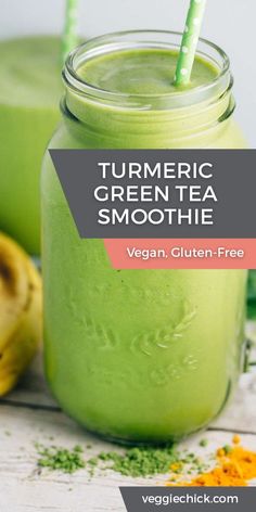 a green smoothie in a mason jar with two straws on top and the text turmetic green tea smoothie vegan, gluten free