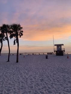 palm trees and lifeguard tower on the beach at sunset