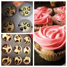 cupcakes with pink frosting and chocolate sprinkles are shown here