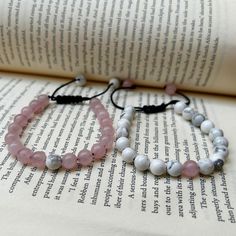 ADJUSTABLE Distance Bracelets Set - Pink & White Matching Pair - Long Distance - For Friendships/relationships/couples - Gemstone Bracelet. Product details: Bracelet type: bead Material: Rose Quartz & Howlite Color: Pink & White Band type: Thread Dimensions: Bead size: 8mm Bracelet length: 6-8 Inches (Slide design made to fit wrists of all sizes! One size fits all.) Weight: 17 gm (Approx.) 1. Choose between ordering a set or single bracelets above! This allows you to send the different colors to different addresses 2. This set also comes in turquoise and pink rose quartz ! Browse our shop to find them! 3. CLICK HERE TO ORDER TRADITIONAL DISTANCE BRACELETS: https://etsy.me/3a1qps5 Remind yourself of the special relationships you have with those that you adore with our Black and White Distan Hand-strung Round Friendship Bracelets, Adjustable Hand-strung Friendship Bracelet, Adjustable Round Friendship Bracelets, Friendship Gemstone Beaded Bracelets, Friendship Beaded Bracelets With Gemstone Beads, Gemstone Beads Round Friendship Bracelets, Adjustable Gemstone Beaded Bracelets, Adjustable Beaded Rosary Bracelet For Friendship, Adjustable Beaded Braided Bracelet