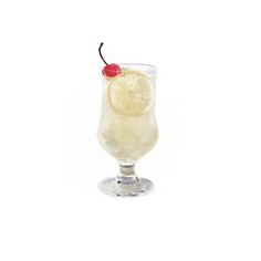 a glass filled with lemonade and a cherry on the top, sitting on a white surface