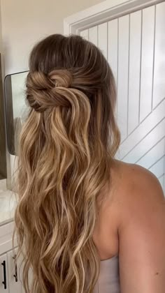 breanna cohoon | easy wedding guest hairstyle 🫶🏼✨ . . . . Hairstyle, hair tutorial, wedding guest hair, bridesmaid hair, half up hair, bridal hair | Instagram Hair By Breanna, Beach Waves Bridesmaid Hair, Wedding Guest Hair Half Up Half Down, Wedding Guest Hairstyles Medium Half Up, Bridesmaids Hair Down, Prom Half Up Half Down, Beach Waves Wedding Hair, Half Up Hairstyles For Long Hair, Hair Tutorial Wedding