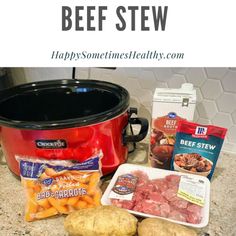 the ingredients to make beef stew are shown in front of an instant pressure cooker