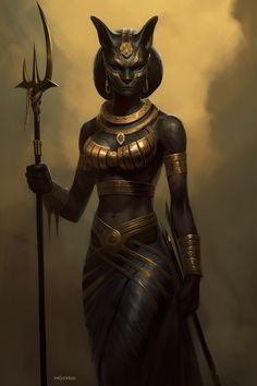 an egyptian woman holding two large spears and a cat's head in her hands