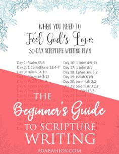 the beginner's guide to scripture writing, with text overlaying it