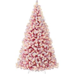 a pink and white christmas tree with snow on it