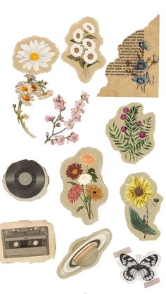 an assortment of stickers with flowers and old records