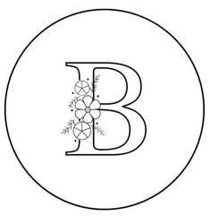 the letter b is decorated with flowers and leaves in black on a white circular background