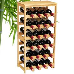 a wooden wine rack with many bottles on it and a bamboo plant behind the racks