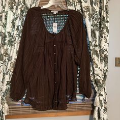 Nwt American Eagle Peasant Blouse Xxl Semi Sheer Stripe Button Down Approx 30” Long Peasant Style Brown Long Sleeve Tops, Bohemian Brown Tops With Buttons, Fall Beach Blouse With Button Closure, Beach Blouse With Button Closure For Fall, Peasant Blouse, American Eagle Outfitters, American Eagle, Top Blouse, Blouses