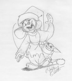 a pencil drawing of a clown holding onto a stuffed animal's tail and smiling