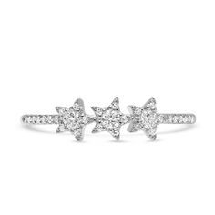 Dainty and sweet, this ring has three diamond stars are set upon a 1.5mm diamond band.  Approximately 31 diamonds at 0.20cttw are pave set into 14k gold. Wedding Ring Guide, Top Engagement Rings, Wedding Gifts For Men, Diamond Jewelry Earrings, Tri Star, Diamond Accent Ring, Diamond Alternatives, Diamond Star, Jewelry Rings Diamond