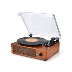 an old - fashioned record player is shown with its wooden case and clear glass cover