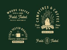 four different logos for coffee, tea and other beverages on a dark green background with white lettering