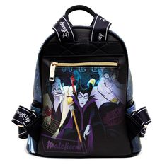 This LIMITED EDITION Maleficentfashion mini backpack features the evil villain Maleficent from Disney's Sleeping Beautyin eerie, darkcolors. The side pouches show Maleficent's minions waiting to do her bidding for some unknown evil. Some of her fellow Villains make an appearance on the back of the backpack with cameos from Ursula and Cruella de Vil. The bag has fabric straps perfect for puttingpins on. Black Backpack For Theme Parks, Black Disney-style Bag For Theme Park, Black Disney Bag For Theme Park, Black Disney Style Bag For Theme Park, Black Backpack For Theme Park, Themed Black Backpack For Theme Parks, Black Disney Backpack For Disney Fan Events, Black Disney Backpack For Halloween, Halloween Themed Travel Backpack