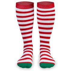 Woven Yakety Yak! Knee High Socks - Running Christmas Elf (Red & White Stripes/Green) Red Knee High Socks, Running Christmas, White Knee High Socks, Active Style, Red White Stripes, Goth Fashion Punk, Running Costumes, Thigh High Boots Heels, Running Socks