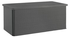 an outdoor storage box with the lid closed on it's sides, in grey