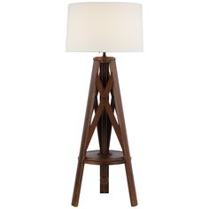 a wooden table lamp with a white shade on the top and bottom part of it