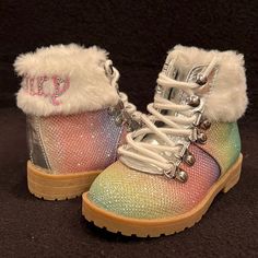 Lace Up Design Silver Trim Accents Faux Fur Ankle Detail Rhinestone Studded Logo On Back Ankle Traction Sole Silver Crown Logo Detail On Tougne Juicy Couture Boots, Toddler Girl Boots, Juicy Couture Baby, Fur Ankle Boots, Girls Fur, Rainbow Shoes, Cozy Boots, Glitter Boots, Girls Couture