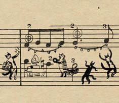 an old music note with cats and dogs on it