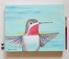 a painting of a hummingbird with its wings spread out and it's beak open