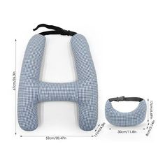 the neck pillow and head rester are shown in blue checkered fabric with black straps