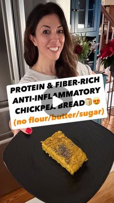 a woman holding up a sign that says protein and fiber rich anti - inflamatory chicken bread no flour / butter / sugar