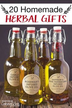 four bottles of rosemary olive oil on a wooden table with the title 20 homemade herb gifts