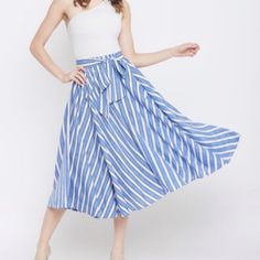 Blue And White Striped Flowy Midi Skirt (Size Medium) Nwt! Light Summer Skirt Complete With Bow Accent And High Waist. Stock Photo Is Similar But Not Exact Light Blue Lined Skirt For The Beach, Light Blue Skirted Beach Bottoms, Blue Flowy Lined Wrap Skirt, Flowy Blue Wrap Skirt, Blue High-waisted Beach Skirt, Boho Skirts, Light Summer, Summer Skirts, Women Skirts Midi