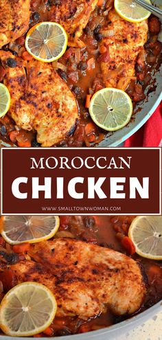 moroccan chicken with lemons and onions in a skillet