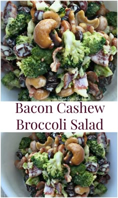 bacon cashew broccoli salad in a white bowl with the title above it