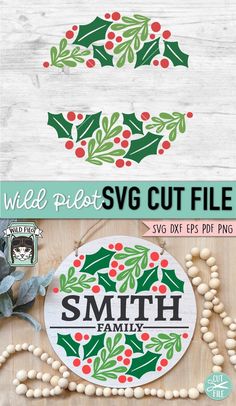 christmas wreath svg cut file with holly leaves and berries on the front, and an image