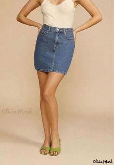 Olivia Mark - Vintage High-Waisted Denim Skirt - Japanese Style Retro Half Skirt - Denim Bodycon Skirt High Rise Stretch Denim Blue Mini Skirt, Casual High Rise Fitted Skirt, Fitted Medium Wash Mid-rise Mini Skirt, Stretch High Rise Denim Blue Mini Skirt, Fitted Medium Wash Mini Skirt With Mid-rise, Fitted Mid-rise Mini Skirt In Medium Wash, Fitted Mid-rise Denim Skirt, Spring High Rise Stretch Denim Skirt, Spring High Rise Stretch Skirt