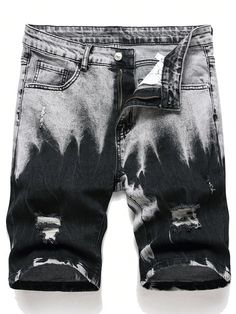 Schwarz  Collar  Denim Farbblock Bermuda Embellished Leicht-dehnbar Killer Abs, Ripped Jeans Men, Ripped Jean Shorts, Ripped Denim Shorts, Men Plus Size, Ripped Denim, Shorts Black, Men Clothing, Black Denim Shorts