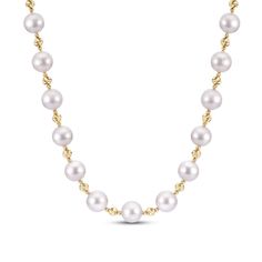 Lustrous cultured Akoya pearls alternate alongside shimmering diamond-cut gold beads in this exquisite women's necklace. Fashioned in 14K yellow gold, the 18-inch cable chain secure in place with a spring ring clasp and the pearls measure 7.5-8.0mm each. Akoya Pearl Necklace, Women's Necklace, Jared The Galleria Of Jewelry, Necklace Clasps, Cultured Pearl Necklace, Pearl Types, Akoya Pearls, Cultured Pearls, Diamond Cut