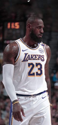 a basketball player with a beard and number 23 on his jersey is standing in front of the crowd