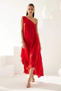 Red one shoulder asymmetric dress in a draped solid base. - Aza Fashions Asymmetric Dress, Fashion App, Asymmetrical Dress, Dress For Women, Aza Fashion, One Shoulder, Womens Dresses, For Women, Red